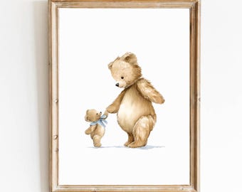 Bear Nursery Art Blue Boy Nursery Decor Mom and Baby Bear Nursery Bear Poster Vintage Blue Baby Boy Room Woodland Animal Nursery