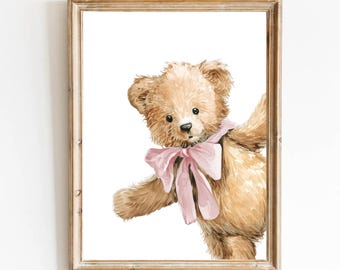Pink Teddy Bear Nursery Art Print: Vintage Girl Bedroom Nursery Decor (Digital Download)