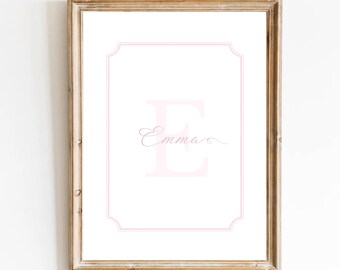 Custom Name Nursery Print, Pink Preppy Name Print, Pink Name Nursery, Nursery Monogram, Girl Bedroom Initial Print, Traditional Classic