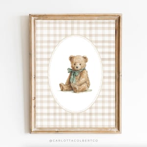 Neutral Nursery Art Beige Bear Gingham Nursery Tan Boy Decor Vintage Teddy Bear Poster Boy Bedroom Art Earth Tone Newborn Art