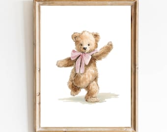 Pink Teddy Bear Nursery Art Print: Vintage Girl Room Decor (Digital Download)