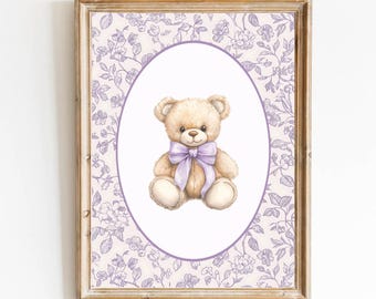 Lavender Nursery Art Floral Bear Purple Nursery Wall Art Grandmillennial Nursery Bear Poster Vintage Lavender Teddy Bear Purple Girl Room
