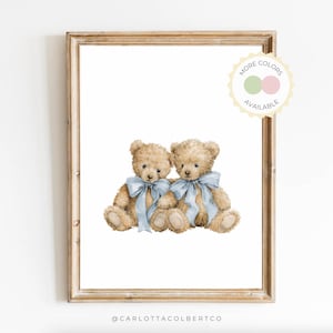Twin Teddy Bear Nursery Wall Art | Vintage Bear Prints with Bows | Neutral Nursery Decor | Cottagecore Nursery Art | Printable Kids Room Art