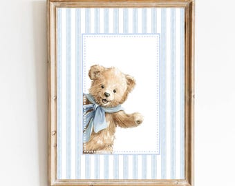 Vintage Blue Teddy Bear Nursery Art Print: Boy's Room Decor (Digital Download)