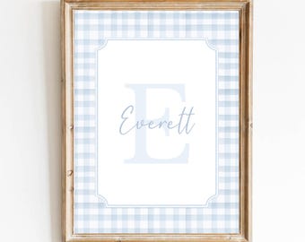Lámina con nombre personalizado para habitación de bebé, lámina con nombre azul preppy, lámina de cuadros a cuadros, monograma para habitación de bebé, lámina con inicial para habitación de niño