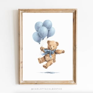 Arte per la cameretta degli orsi, decorazione per la cameretta dei bambini blu, poster per la cameretta dei bambini Grandmillennial, poster con orsetto di peluche, poster vintage con orso blu, decorazione per la cameretta dei bambini