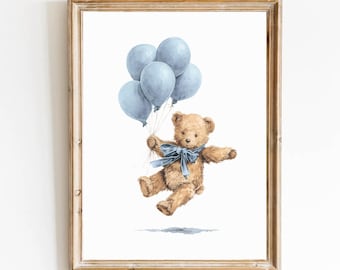 Bear Nursery Art Vintage Nursery Blue Boy Nursery Decor Grandmillennial Nursery Teddy Bear Poster Vintage Blue Bear Poster Baby Room Decor