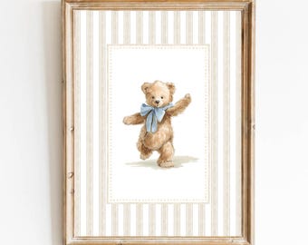Beige & Blå Barnrumsinredning Vintage Nallebjörn Poster Pojke Sovrum Konst Skogsdjur Nyfödd Konst Randig Björn