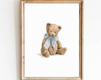 Blue Boy Nursery Bear Blue Teddy Bear Nursery Art Teddy Bear Poster Vintage Nursery Decor Blue Bear Poster Baby Boy Room Prints