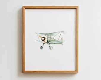 May include: A watercolor painting of a vintage green and white biplane airplane with a propeller. The airplane is framed in a light wood frame.