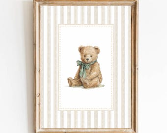 Neutral Nursery Art Beige Bear Nursery Tan Boy Decor Vintage Teddy Bear Poster Boy Bedroom Art Woodland Animal Newborn Art Stripe Bear