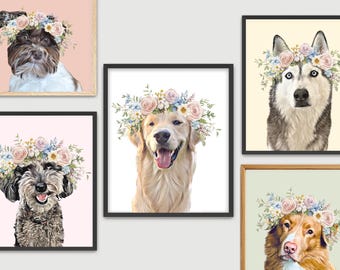 Custom Pet Portrait with Flower Crown: Watercolor Dog Art (Digital Download)