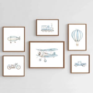 Vintage Travel Boy Nursery Wall Art Biplane Train Print Blue Transportation Prints Car Truck Plane Train Blue Boys Wall Art Set Watercolor