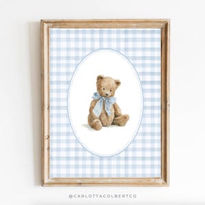 Bear Nursery Art Blue Boy Nursery Print Blue Gingham Vintage Nursery Teddy Bear Poster Vintage Blue Bear Poster Baby Boy Room Boy Bedroom