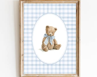 Bear Nursery Art Blue Boy Nursery Print Blue Gingham Vintage Nursery Teddy Bear Poster Vintage Blue Bear Poster Baby Boy Room Boy Bedroom