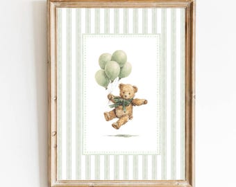 Bear Nursery Art Vintage Nursery Sage Green Boy Nursery Decor Grandmillennial Nursery Teddy Bear Poster Balloons Sage Green Bear Poster Baby
