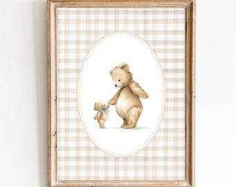 Mom and Son Nursery Art, Mom and Baby Art, Bear Family Portrait, Beige Nursery Teddy Bear Poster, Newborn Art, Classic Gingham Art