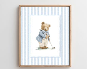 Barnrumskonst för golf, blå vintage-barnrum, blå pojke-barnrumsdekor, grandmillennials-barnrum, nallebjörnsaffisch, vintage-blå björnaffisch, pojkrum
