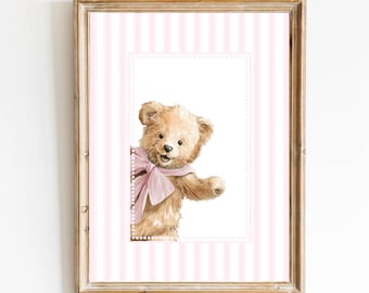 Pink Teddy Bear Nursery Art Print: Classic Girl Bedroom Nursery Decor (Digital Download)