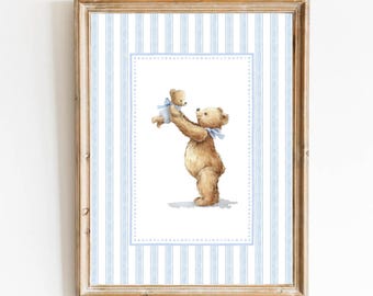 Blue Boy Nursery Art Bear Blue Vintage Nursery Decor Mom and Baby Bear Nursery Art Teddy Bear Poster Vintage Blue Bear Poster Baby Boy Room