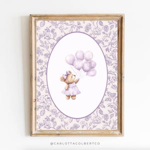 Lavender Nursery Floral Bear Purple Nursery Wall Art Grandmillennial Nursery Bear Poster Vintage Lavender Teddy Bear Girl Room Balloons