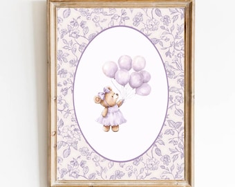 Lavender Nursery Floral Bear Purple Nursery Wall Art Grandmillennial Nursery Bear Poster Vintage Lavender Teddy Bear Girl Room Balloons