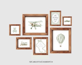 Vintage Travel Boy Nursery Wall Art Biplane Train Travel Nursery Boy Wall Art Vehicle Art Prints Transportation Nursery Green Nursery Prints