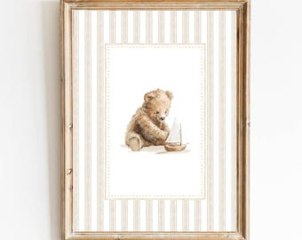 Teddy Bear Nursery Art Printable | Sailboat Nursery Decor | Coastal Preppy Nursery Wall Art | Vintage Baby Room Print