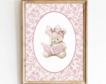 Arte vintage per la cameretta dei bambini con orsetto, arte floreale rosa per la cameretta dei bambini, poster rosa per la cameretta dei bambini con orsetto di peluche rosa vintage, arte per gli amanti dei libri