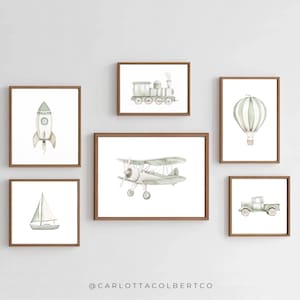Sage Green Travel Boy Nursery Car Truck Plane Biplane Train Transportation Nursery Wall Art Sage Green Nursery Art Boys Wall Art Set