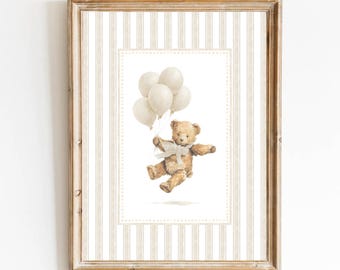 Neutral Nursery Beige Nursery Print Vintage Teddy Bear Poster Bear Balloons Boy Bedroom Wall Art Woodland Animal Gender Neutral Nursery
