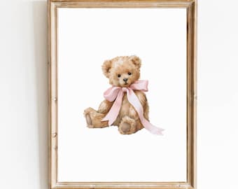Pink Nursery Art Bear Vintage Nursery Pink Girl Room Nursery Decor Grandmillennial Nursery Teddy Bear Poster Vintage Pink Bear Poster Pink