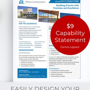 May include: A red circle with the text "£9 Capability Statement Canva Layout" on a white background. The text "Building Dreams with Precision and Excellence" is at the top of the page. The text "TAYLA Construction" is at the top of the page. The text "WE DO THIS FOR THE (AUDIENCE)" is at the top of the page. The text "Sierra Construction is a construction industry leader, dedicated to transforming architectural visions into reality. With expertise in diverse projects, we deliver excellence, transparency, and innovation, ensuring your construction dreams become reality." is at the top of the page. The text "Project Management New Construction Custom Home Building Renovation Commercial Construction Design-Build General Contracting Remodeling" is at the top of the page. The text "Past Performance Sierra Construction has a proven track record of successfully completing a wide range of projects across various industries. Residential and Commercial Developments Healthcare Facilities Educational Institutions Sustainability Initiatives" is at the top of the page. The text "Certifications CPUC WBENC WBE | SBA WOSB | Industry Codes NAICS: 236220, 236118 | SIC: 16, 16, 17, 1541" is at the top of the page. The text "DIFFERENTIATORS Projects/Services Residential Commercial Office Retail Centers Proprietary: Sierra Construction possesses unique proprietary advantages that set us apart in the construction industry. Advanced project management software, efficient resource allocation model, safety protocols, sustainable building solutions. Awards/Degrees: Construction Excellence Award Certified Construction Professionals Safety Certifications Sustainability Accolades" is at the top of the page.