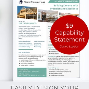 Peut inclure: Un cercle rouge avec le texte "9 € Capability Statement Canva Layout" sur un fond blanc. Le texte "Building Dreams with Precision and Excellence" est en haut de la page. Le texte "Sierra Constructions" est en grande police en haut de la page. Le texte "We do this for the (Audience)" est en plus petite police sous le nom de l'entreprise. Le texte "Past Performance" est en plus petite police sous le texte "We do this for the (Audience)". Le texte "Certifications" est en plus petite police sous le texte "Past Performance". Le texte "Industry Codes" est en plus petite police sous le texte "Certifications". Le texte "Projects/Differentiation" est en plus petite police sous le texte "9 € Capability Statement Canva Layout". Le texte "Proprietary" est en plus petite police sous le texte "Projects/Differentiation". Le texte "Awards/Degrees" est en plus petite police sous le texte "Proprietary".