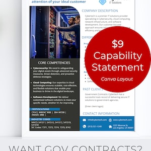 May include: A red circle with the text "$9 Capability Statement Canva Layout" on a white background. The text "CyberTech IT Solutions" is at the top of the page. The text "WANT GOV CONTRACTS? CAPABILITY STATEMENT" is at the bottom of the page.