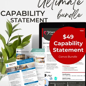 May include: A red circle with the text "£49 Capability Statement Canva Bundle" on a tablet screen. The tablet screen shows a business capability statement template with the text "Core Competencies", "Cloud Computing", "Software Development", "Awards/Degrees", "Certification", and "NAICS Codes".
