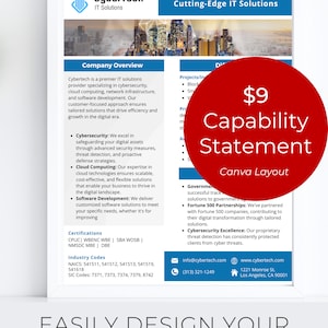 Peut inclure: Un cercle rouge avec le texte "9 € Cahier des charges Canva Layout" sur un fond blanc. Le texte "CyberTech IT Solutions" est en haut de la page. Le texte "Votre partenaire de confiance pour des solutions informatiques de pointe" est sous le nom de l'entreprise. Le texte "Présentation de l'entreprise" est dans un encadré noir. Le texte "Cybertech est un fournisseur de solutions informatiques de premier plan spécialisé dans la cybersécurité, l'informatique en nuage, les infrastructures réseau et le développement de logiciels. Notre approche axée sur le client garantit des solutions sur mesure qui favorisent l'efficacité et la croissance à l'ère numérique." est sous le titre "Présentation de l'entreprise". Le texte "Cybersécurité : Nous excellons dans la protection de vos actifs numériques grâce à des mesures de sécurité avancées, à la détection des menaces et à des stratégies de défense proactives." est sous le texte "Présentation de l'entreprise". Le texte "Informatique en nuage : Notre expertise dans les technologies infonuagiques garantit des solutions évolutives, rentables et flexibles qui permettent à votre entreprise de prospérer dans le paysage numérique." est sous le texte "Cybersécurité". Le texte "Développement de logiciels : Nous fournissons des solutions logicielles personnalisées pour répondre à vos besoins spécifiques, que ce soit pour améliorer" est sous le texte "Informatique en nuage". Le texte "Certifications CPUC) WBENC WBE | SBA WOSB | NMSDC MBE DBE" est sous le texte "Développement de logiciels". Le texte "Codes de l'industrie NAICS : 541511, 541512, 541513, 541519, 541618 Codes SIC : 7371, 7373, 7374, 7379, 8742" est sous le texte "Certifications". Le texte "Projets/Initiatives • Blockchain • Contrats intelligents • Virtualisation • Protection des données • Reprise d'activité • Automatisation • Services de sécurité • Services de soutien" est sur le côté droit de la page. Le texte "Gouvernement : Nous avons une feuille de route réussie en matière de fourniture de solutions aux organismes gouvernementaux." est sous le texte "Projets/Initiatives". Le texte "Partenariats Fortune 500 : Nous avons collaboré avec des entreprises du Fortune 500, contribuant à leur transformation numérique grâce à des solutions sur mesure." est sous le texte "Gouvernement". Le texte "Excellence en cybersécurité : Notre système de détection des menaces propriétaire a constamment protégé les clients contre les cybermenaces." est sous le texte "Partenariats Fortune 500". Le texte "info@cybertech.com (313) 321-1249 www.cybertech.com 1221 Monroe St. Los Angeles, CA 90001" est en bas de la page.