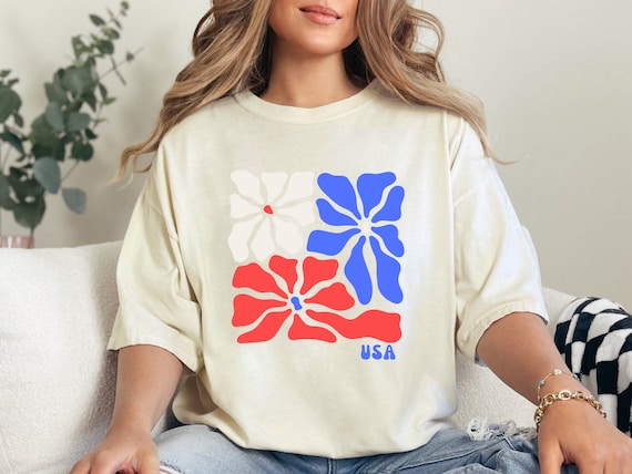America Flower Shirt, American Girl Shirt, USA Floral Tee, USA Flag Flower Shirt, Retro USA Tee, 4th of July Gift, Comfort Colors Patriot