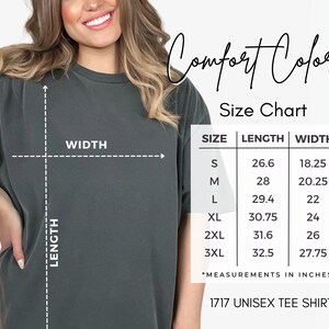 May include: Size chart for a unisex tee shirt in various sizes, showing the length and width measurements in inches. The chart includes sizes S, M, L, XL, 2XL, and 3XL.