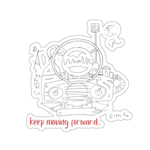 以下が含まれることがあります： 「keep moving forward...」というテキストの下に、漫画のロボットの白黒の線画があります。ロボットは、脳を表す波状の線が入った大きな丸い頭をしています。大きな丸い目が2つと小さな口があります。ロボットは、腕が2本と脚が2本あります。ロボットは、上に小さなアンテナが付いた帽子をかぶっています。ロボットは、右下に「E=mc^2」というテキストが書かれた円に囲まれています。