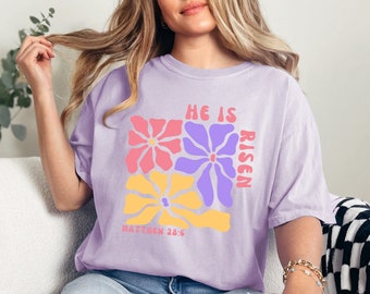 He Is Risen-shirt, comfortkleuren paasshirt, retro paasshirt, religieus paasshirt, bijbelvers paasshirt, paasshirt dames, paasshirt dames