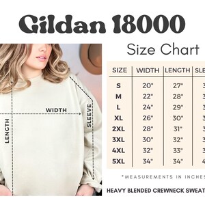 May include: Size chart for Gildan 18000 heavy blended crewneck sweatshirt. The chart shows measurements in inches for width, length, and sleeve length for sizes S through 5XL.