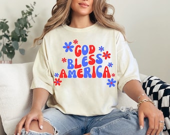 God Bless America Shirt, Retro America Tee, USA Apparel, Groovy Fourth of July Shirt, Comfort Colors Patriotic Tee
