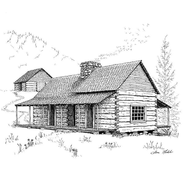 Historic Rendering Limited Edition Freehand Print of Noah Ogle Cabin, TN, in the Great Smoky Mountains. The photo is not for sale.