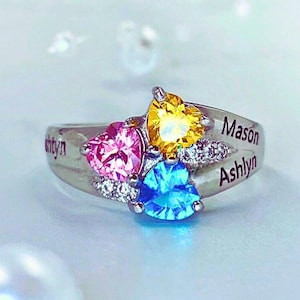 Mothers Ring with 3 Birthstones, Custom Engraved Birthstone Ring for Women in Sterling Silver - Personalized 3 Heart Birthstones, Sizes 5-12