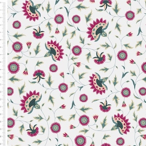May include: A seamless pattern featuring a repeating design of pink and green stylised flowers on a white background.
