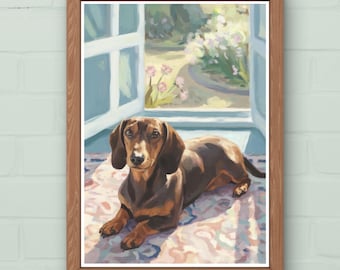 Stampa artistica di Matisse raffigurante un bassotto: un regalo perfetto per gli amanti dei cani che amano i cani e le finestre soleggiate.