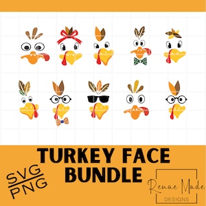 Turkey Face SVG Bundle, Turkey Face PNG Bundle, Thanksgiving Turkey Face Cut File, Turkey Face Sublimation Design for shirts, mugs, crafts.