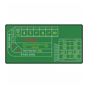 May include: A green craps table layout with white and yellow text. The layout includes areas for betting on the pass line, come, and field. Numbers 4, 5, 6, 8, 9, and 10 are displayed. The table has a black border.