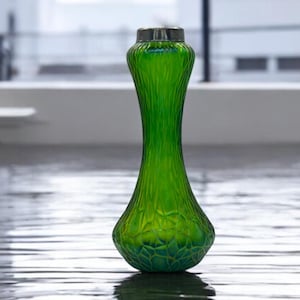 RARE Antique Kralik Bohemian Green Iridescent Vase Silver Rimmed Hand-blown Textured